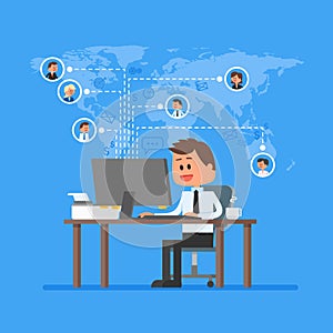 Remote team working concept vector. Work from home illustration in flat style. Business control and project management