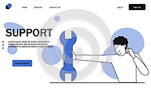 Remote technical support and holding wrench vector illustration concept. Service help technology business and online communication