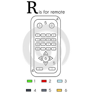 Remote. Vector alphabet letter R, colouring page