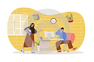 Remote work disadvantage web character concept. Male distant worker distracted by wife with baby, stress at work at home, isolated
