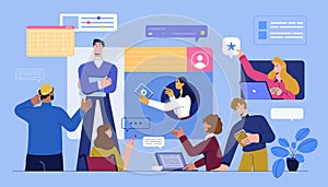 Remote work or education, flat employees working or learning online