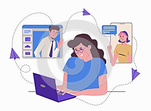Remote work at home online. Freelance Freelancer girl with a laptop. Communication with colleagues, assignments. Flat illustration