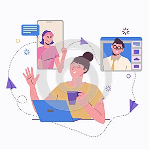 Remote work at home online. Freelance Freelancer girl with a laptop. Communication with colleagues, assignments. Flat illustration