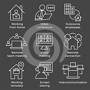 Remote work icon set with work from home, video meetings, etc