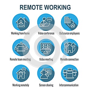 Remote work icon set with work from home, video meetings, etc