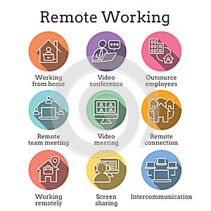 Remote work icon set with work from home, video meetings, etc