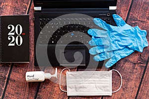 Remote work kit on wooden office desk with hand sanitizer and face mask, a solution against the spread of corona virus for photo