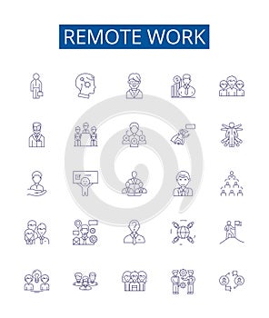 Remote work line icons signs set. Design collection of Remote, Work, Telecommuting, Virtual, Distant, Digital, Offsite