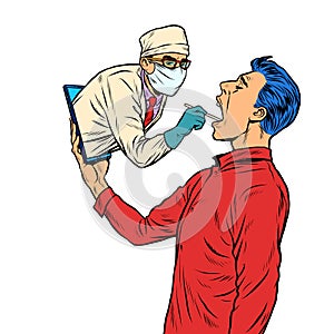 Remote work online help. doctor takes a swab from the throat