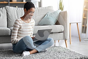 Remote Work. Smiling Black Freelancer Woman Working With Laptop At Home