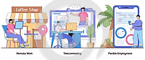 Remote Work, Telecommuting, Flexible Employment Concept with Character. Digital Workspace Abstract Vector Illustration Set. Work-