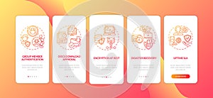 Remote work tool security parameters onboarding mobile app page screen with concepts