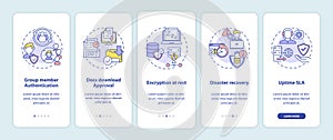 Remote work tool security parameters onboarding mobile app page screen with concepts