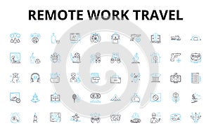 Remote work travel linear icons set. Digitalnomad, Telecommuting, Locationindependent, Travelabroad, Mobility, Workation