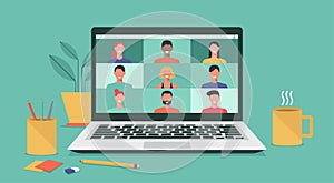 People connecting together with online video conference on laptop