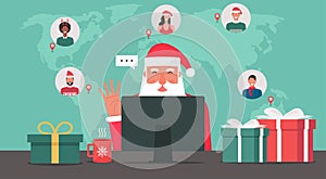 Modern Santa Claus sitting and using computer connecting to people around the world