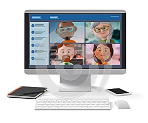 Remote working teams meeting online via desktop application 3d