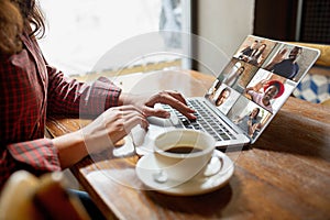 Remote working. Workplace in bar, restaurant office with PC, devices and gadgets.