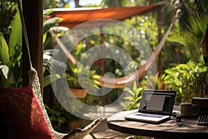 Remote workplace. Hammock, desk, laptop in tropical house. Freelancer workstation in asian tropics with palms and banana