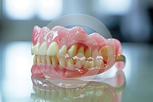 Removable denture, dentures on the desktop. Dental care