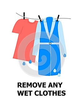 Remove any wet clothes illustration. T-shirt and coat are hanging and drying. First aid of frostbite. Simple health care