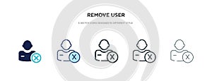 Remove user icon in different style vector illustration. two colored and black remove user vector icons designed in filled,