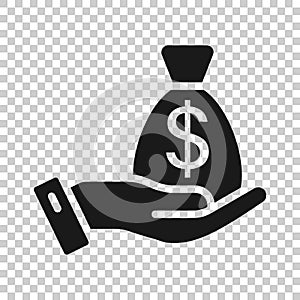 Remuneration icon in flat style. Money in hand vector illustration on white isolated background. Banknote payroll business concept