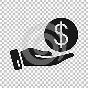 Remuneration icon in flat style. Money in hand vector illustration on white isolated background. Coin  payroll business concept