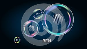 REN token symbol in soap bubble, coin DeFi project decentralized finance.