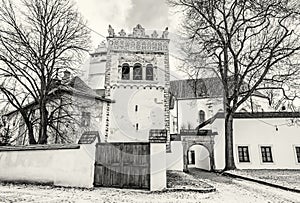 Renaissance bell tower in Basilica of the Holy Cross area, Kezmarok, colorless