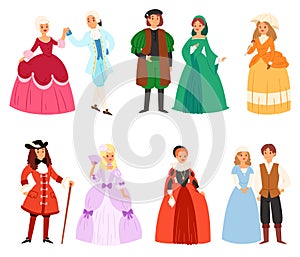 Renaissance clothing vector woman man character in medieval fashion vintage dress historical royal clothes illustration