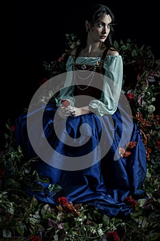 A Renaissance or Fantasy/fairytale/gypsy woman wearing a red brocade corset and blue silk skirt