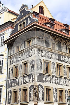 Renaissance `House under a minute` decorated with technique sgraffito, Old Town Square, Prague, Czech Republic