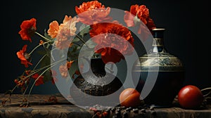 Renaissance-inspired Chiaroscuro: Meticulously Detailed Still Life Of Three Blue Vases With Orange Flowers And Red Eggs