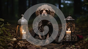 Renaissance-inspired Halloween Pet: Dog In Gown Amidst Woodland Setting photo