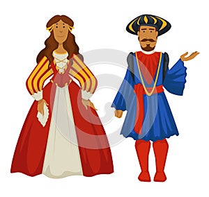 Renaissance style couple, ancient fashion, ball gown and tunic with leggings