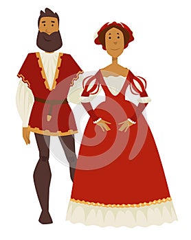 Renaissance style couple man and woman ball gown and leggings