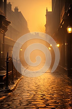 Renaissance town street. foggy night lit by street lights.