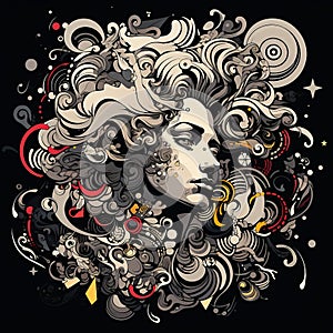 Renaissance Vector: Intricate Black And White Illustrations Of Women With Colorful Hair