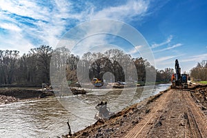 Renaturation work and connection of an oxbow lake, Nidda river in Frankfurt, Germany