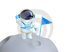 Render 3d astronaut standing on moon surface with flag. Space exploring, science and win in cosmos. Space man in