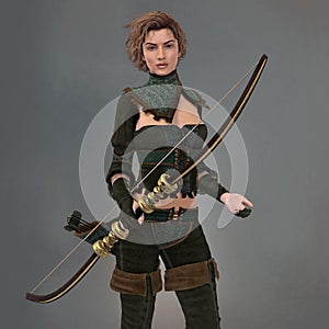 Render of a Beautiful Fantasy Ranger Woman with a Quiver and holding a Bow