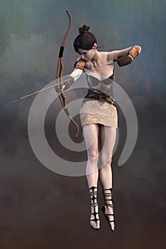 Render of a beautiful woman archer leaping into the air