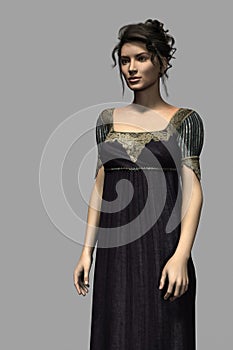 Render of a beautiful woman in a Regency style dress