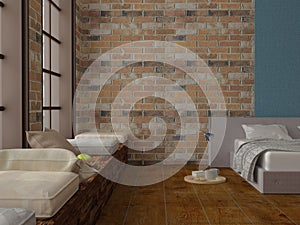 Render of bedroom with trencher with breakfast on the hardwood floor brick walls