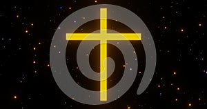 Render with a bright glowing golden cross on a background of stars
