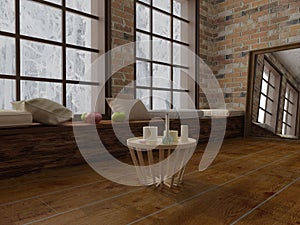 Render of Coffee table with candles, romantic spirit in modern loft