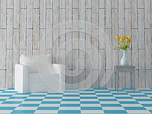 Render of comosition with blue tiles white sofa, yellow tulips in bowl and vintage hardwood wall