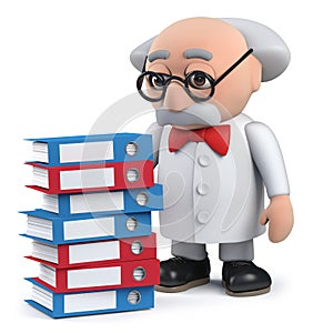 3d scientist character with pile of files in old folders