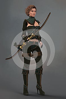 Render of a Female Fantasy Woodlands Ranger holding a Bow